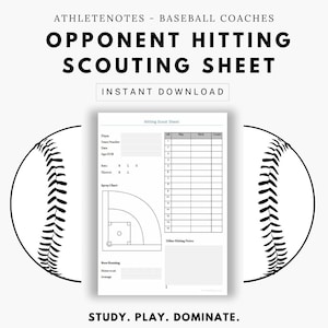 Op de afbeelding: Een printbaar baseball scouting sheet met een baseball afbeelding en de tekst "Opponent Hitting Scouting Sheet". Het blad bevat secties voor spelersinformatie, slagstatistieken, spray chart, baserunnen en andere slagnotities.