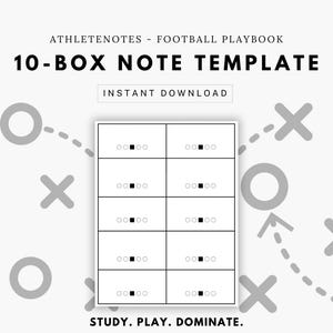 May include: A printable 10-box note template for football playbooks. The template has five rows of two boxes each, with a black square in each box. The text "STUDY. PLAY. DOMINATE." is at the bottom of the template.