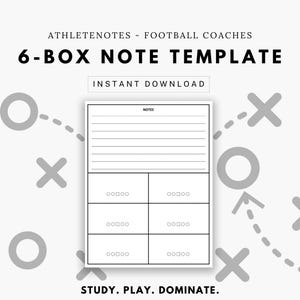 May include: A printable 6-box note template for football coaches. The template includes a large section for notes and six smaller boxes for additional notes. The template is decorated with a football field graphic.