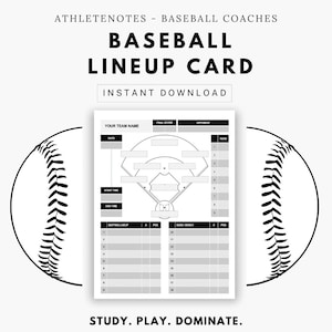 Könnte beinhalten: Eine druckbare Baseball-Aufstellungskarte mit einem Baseballfeld-Diagramm, einer Schlagaufstellung und Substitutionsbank-Abschnitten. Die Karte ist schwarzweiß und enthält den Text "STUDY. PLAY. DOMINATE."