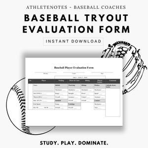Op de afbeelding: Een printbaar baseball-spelerevaluatieformulier met categorieën voor veldwerk, gooien en vangen, slaan, werpen en vangen, en opmerkingen. Het formulier bevat velden voor spelersnaam, maat, worp, knuppel, voet snelheid en loopsnelheid. Het formulier is getiteld "Baseball-spelerevaluatieformulier".