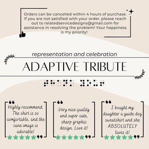 May include: A graphic design featuring the text "Adaptive Tribute" with a braille representation of the text below. The design is on a light brown background with a white border. The graphic includes three customer reviews with five-star ratings.
