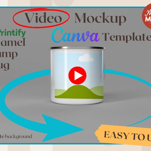 Video Mockup Camp Mug rotating canva template Printify Enamel Mug video Mockup canva drag and drop mockup camping mug video white background