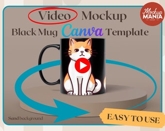 Video Mockup Black Mug rotating canva template White Coffee Mug video Mockup canva drag and drop mockup Coffee Cup mockup sand background
