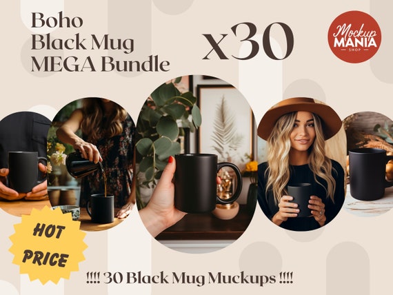 Boho Black Mug Mockup Bundle 30 MockUps Black Coffee Mug Mockup Photo Coffee Cup black mug mockup boho aesthetic model mocku lay down mock