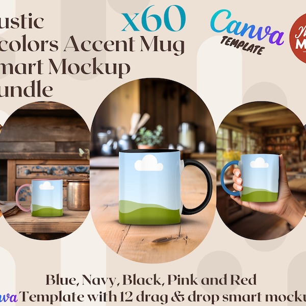5 Colors handle Rustic Accent Mug Mockup Bundle Canva Template Smart Mockup Drag & Drop 12 MockUps mug mockup canva wrap around cottagecore