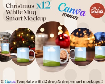 Christmas White Mug Mockup Bundle Canva Template Smart Mockup Drag & Drop 12 MockUps mug mockup canva wrap around christmas mug mockup