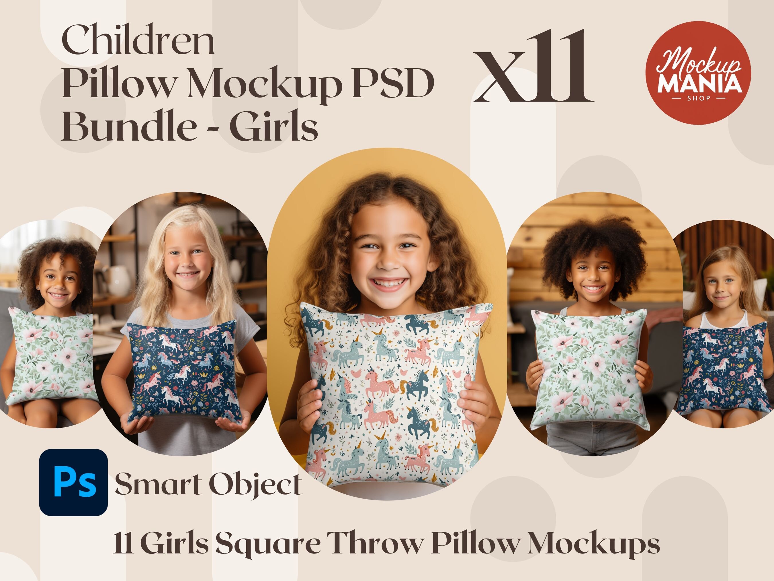 Children Pillow Mockup Bundle Girl Throw Pillow Cushion Mock Up PSD mockup smart object kids pillow mockup photoshop throw pillow mockup