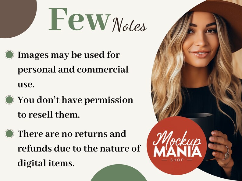 May include: A white text graphic on a green background with the text "Few Notes" in a large green font. The text below reads "Images may be used for personal and commercial use. You don't have permission to resell them. There are no returns and refunds due to the nature of digital items."