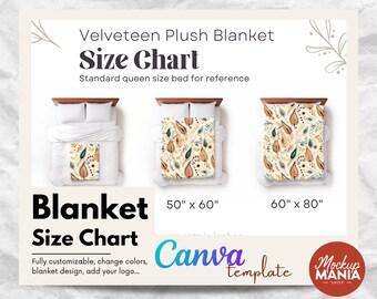 Blanket Mockup Size Chart Velveteen Plush Blanket Canva Template Drag and Drop Mockups Printify dimensions Customizable canva template
