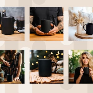 May include: A set of six black ceramic mugs with a matte finish. The mugs are shown in various settings, including a kitchen counter, a table with a person holding a mug, and a living room setting.
