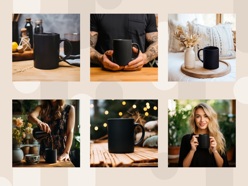 May include: A set of six black ceramic mugs with a matte finish. The mugs are shown in various settings, including a kitchen counter, a table with a person holding a mug, and a living room setting.