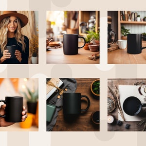 May include: Six different photos showcasing a black ceramic mug on various backgrounds. The mug is shown on a wooden table, a kitchen counter, and a table with a book and other items. The mug is also shown being held by a person's hand.