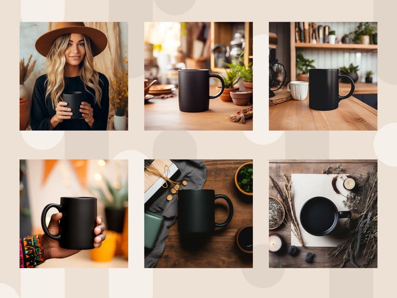 May include: Six different photos showcasing a black ceramic mug on various backgrounds. The mug is shown on a wooden table, a kitchen counter, and a table with a book and other items. The mug is also shown being held by a person's hand.
