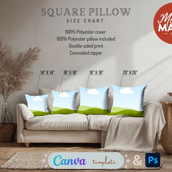 Pillow Mockup Size Chart Boho Throw Pillow Canva Template Drag and Drop Mockups Printify dimensions Customizable canva template cushion