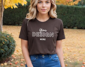 Brown Bella Canvas 3001 Tshirt Mockup Brown Tshirt Autumn Mockup Model mockup Bella Canvas Brown mockup brown shirt mock cottagecore mockup