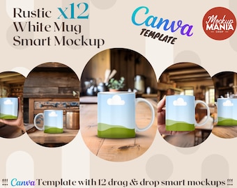 Rustic White Mug Mockup Bundle Canva Template Smart Mockup Drag & Drop 12 MockUps mug mockup canva wrap around cottagecore mug mockup