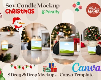 Christmas Soy Candle Mockup: Canva Template (Digital Download)