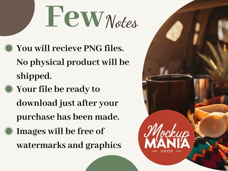 May include: A text graphic with the words "Few Notes" in a brown and green color scheme. The text describes the details of a digital product purchase. The text reads: "You will receive PNG files. No physical product will be shipped. Your file be ready to download just after your purchase has been made. Images will be free of watermarks and graphics."