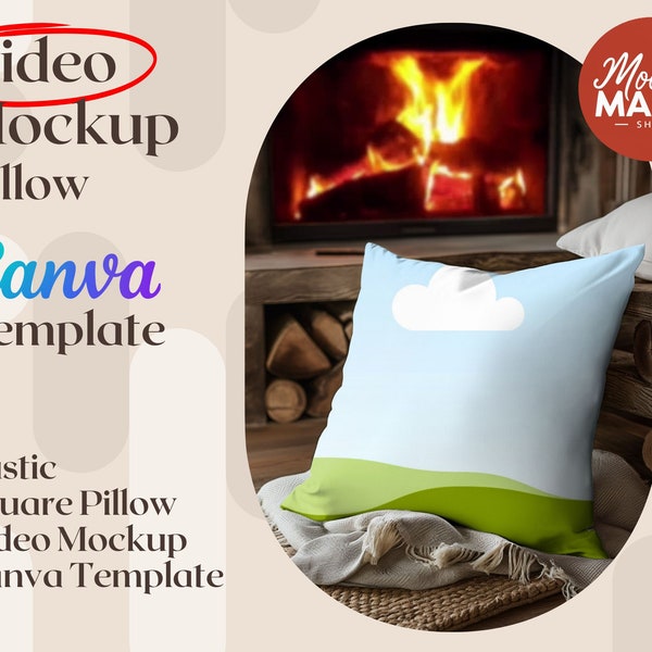 Pillow Video Mockup Square Pillow video mockup cushion video mockup Canva Overlay Drag and Drop Mockups Rustic Fireplace cosy winter autumn