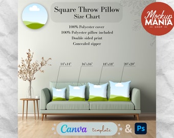 Pillow Mockup Size Chart Throw Pillow Canva Template Drag and Drop Mockups Printify dimensions Customizable canva template cushion mockup