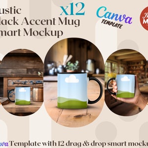 Maquette de tasse accent rustique, poignée noire, ensemble, modèle Canva, maquette intelligente, glisser-déposer, 12 maquettes, maquette de tasse en toile enveloppante de la tasse cottagecore