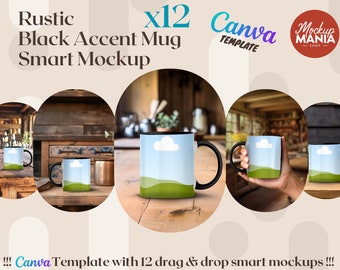 Rustic Accent Mug Mockup Black handle Bundle Canva Template Smart Mockup Drag & Drop 12 MockUps mug mockup canva wrap around cottagecore mug