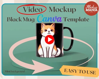 Video Mockup Black Mug rotating canva template White Coffee Mug video Mockup canva drag and drop mockup Coffee Cup mockup mint background