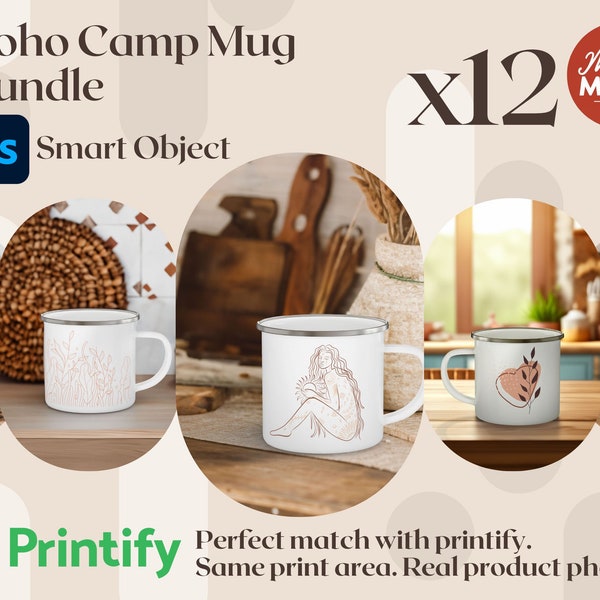 Boho Camp Mug Mockup PSD Bundle Enamel Camping Mug Printify realistic smart object photoshop mockup real product boho mug mockup bundle