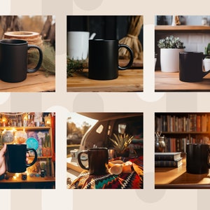 May include: Six black ceramic mugs with a rounded handle are displayed in various settings. The mugs are shown on wooden surfaces, a blanket, and a bookshelf.