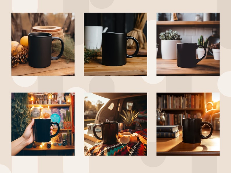 May include: Six black ceramic mugs with a rounded handle are displayed in various settings. The mugs are shown on wooden surfaces, a blanket, and a bookshelf.