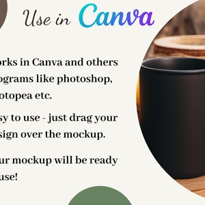 May include: A black ceramic mug with a white background. The text "Use in Canva" is written in blue and green text. The text below reads "Works in Canva and others programs like photoshop, photopea etc. Easy to use - just drag your design over the mockup. Your mockup will be ready to use!"