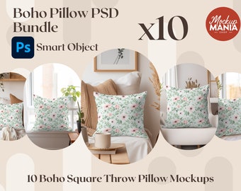 Pillow Mockup Bundle Boho Aesthetic Throw Pillow Cushion Mock Up PSD mockup smart object pillow mockup photoshop throw pillow mockup