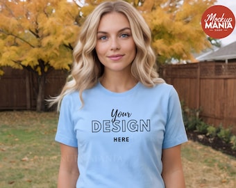 Baby Blue Bella Canvas 3001 Tshirt Mockup Autumn Baby Blue Tshirt outdoor Mockup Model mockup Bella Canvas Blue mockup cottagecore mockup