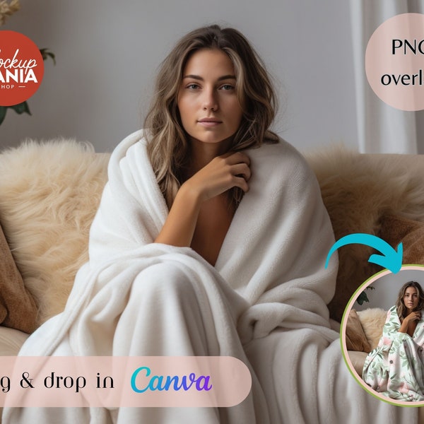 Cosy Blanket Mockup Fleece Sherpa Velveteen Plush Microfiber Minky Blanket Canva Overlay Drag and Drop Mockups cosy blanket mockup woman