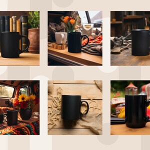 May include: Six black ceramic mugs with rounded handles are displayed on various surfaces, including wooden tables, a vintage van interior, and a rustic outdoor setting. The mugs are all empty and ready to be filled with a warm beverage.