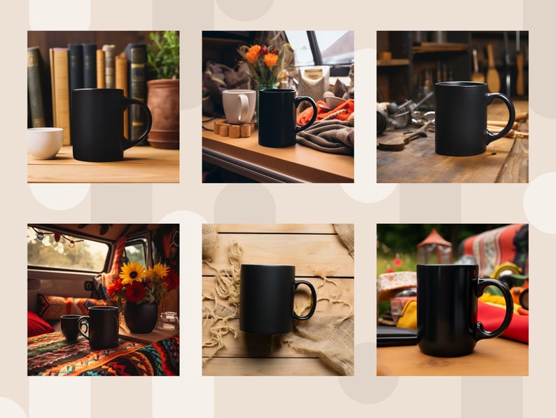 May include: Six black ceramic mugs with rounded handles are displayed on various surfaces, including wooden tables, a vintage van interior, and a rustic outdoor setting. The mugs are all empty and ready to be filled with a warm beverage.