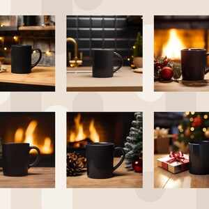 May include: Six images of a black ceramic mug in different settings. The mug is shown in front of a fireplace, a Christmas tree, and a kitchen counter.