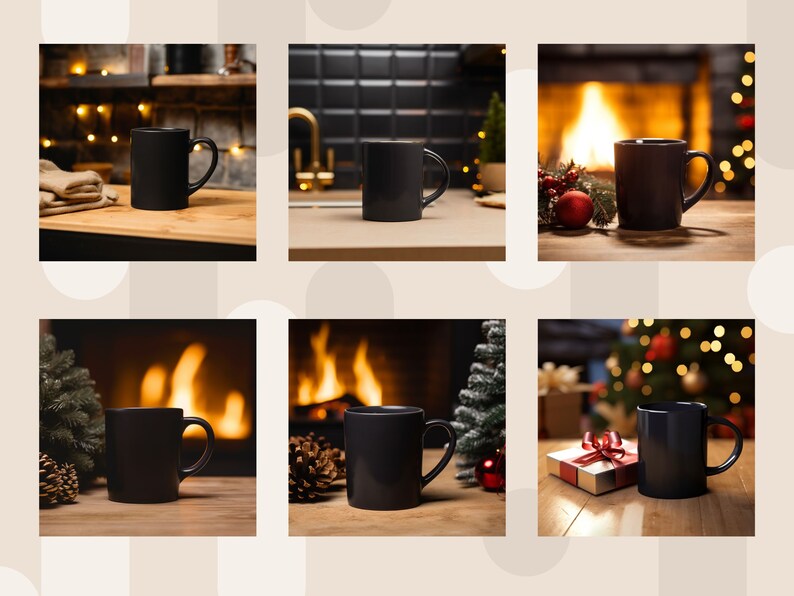 May include: Six images of a black ceramic mug in different settings. The mug is shown in front of a fireplace, a Christmas tree, and a kitchen counter.