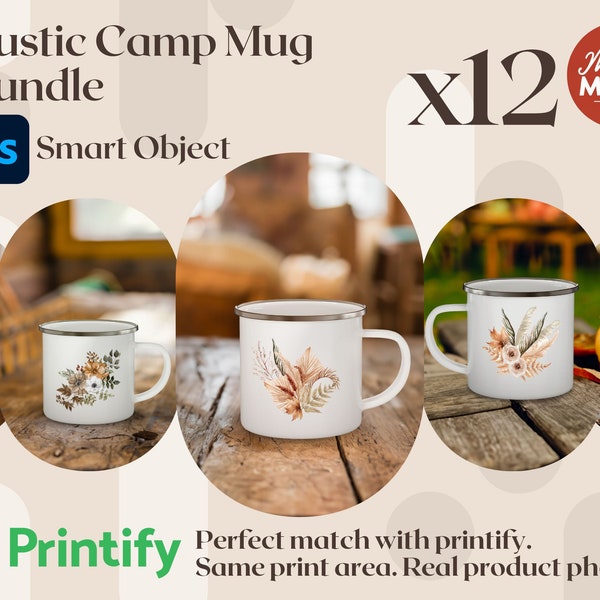 Rustic Camp Mug Mockup PSD Bundle Enamel Camping Mug Printify realistic smart object photoshop mockup real product cotagecore mug mockup