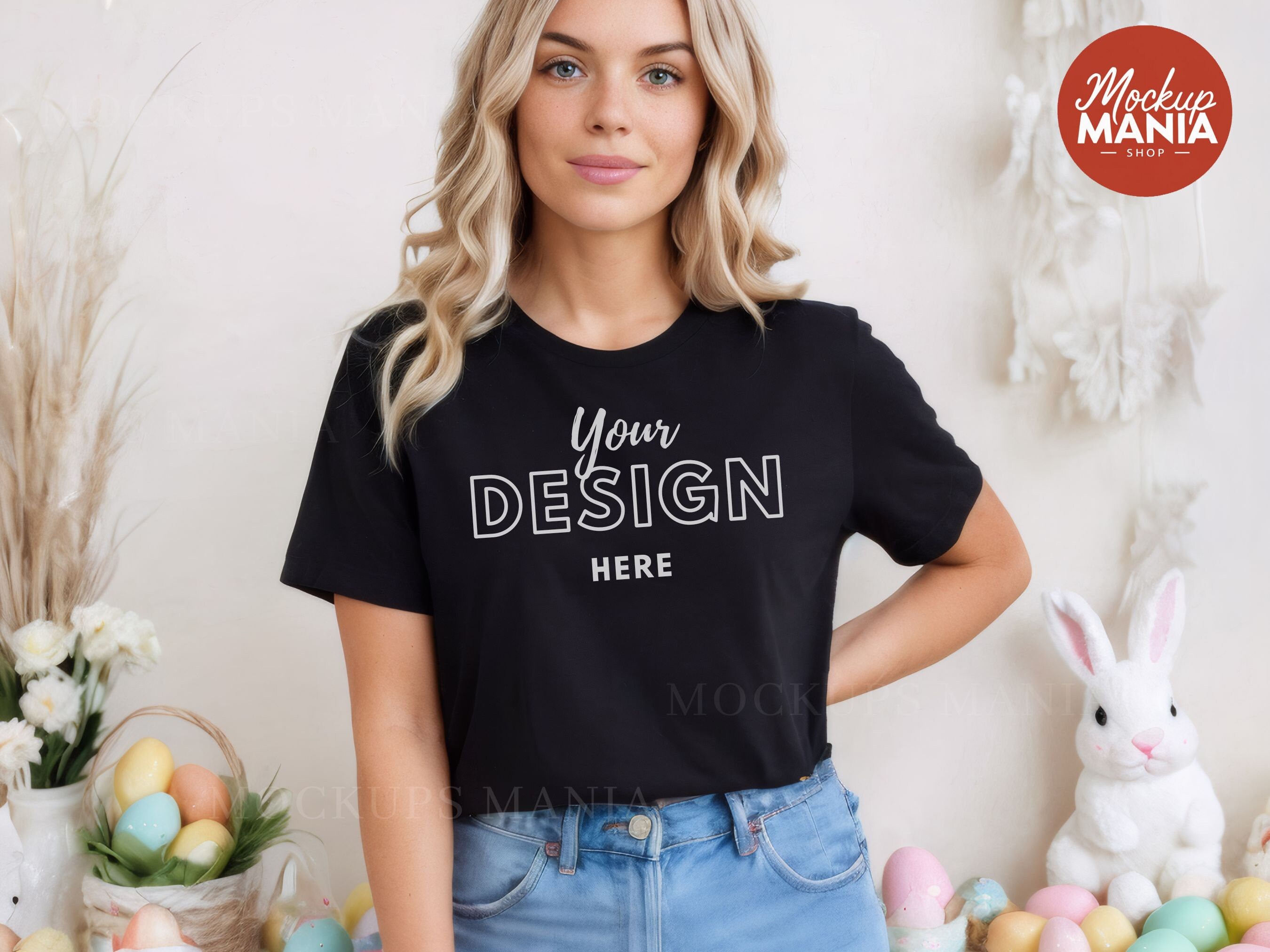 Wielkanoc Czarny Bella Canvas 3001 Tshirt Mockup Czarny Tshirt w pomieszczeniu Mockup Model makiety Bella Canvas Czarny makieta wielkanocna makieta wiosenna koszulka