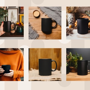 May include: A set of six black ceramic mugs with a matte finish. The mugs are shown in various settings, including on a wooden table, a rustic table, and a table with a white tablecloth.