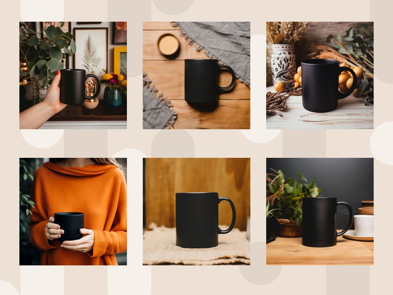 May include: A set of six black ceramic mugs with a matte finish. The mugs are shown in various settings, including on a wooden table, a rustic table, and a table with a white tablecloth.