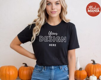 Halloween Black Bella Canvas 3001 Tshirt Mockup Czarny Tshirt w pomieszczeniu Mockup Model makieta Bella Canvas Czarny makieta halloween mockup t-shirt