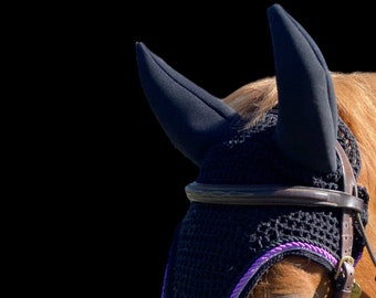 Bonnet anti-mouches cheval noir ou poney / voile anti-mouches / bonnet oreille de cheval avec double bordure de cordon noir et violet / strass