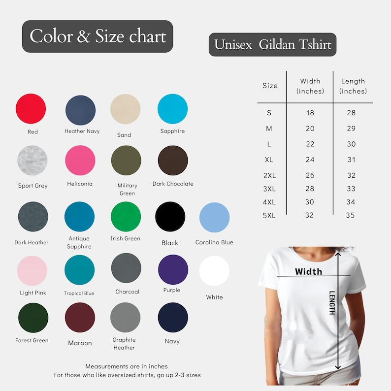 May include: A color and size chart for a unisex Gildan t-shirt, featuring a range of colors and sizes from S to 5XL. Measurements are in inches, with width ranging from 18 to 32 inches and length from 28 to 35 inches.