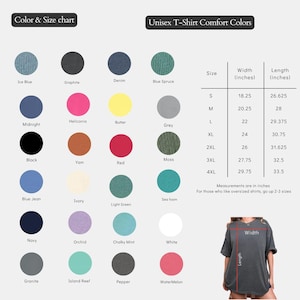 May include: A color and size chart for unisex t-shirts, featuring a variety of colors like ice blue, black, and red. The chart includes measurements in inches for sizes S to 4XL, with width and length dimensions provided.