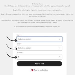 May include: Screenshot of an e-commerce ordering process. The image shows a size selection, color selection, and quantity selection, with an "Add to cart" button. Instructions are provided above the selection options.