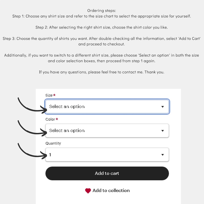 May include: Screenshot of an e-commerce ordering process. The image shows a size selection, color selection, and quantity selection, with an "Add to cart" button. Instructions are provided above the selection options.
