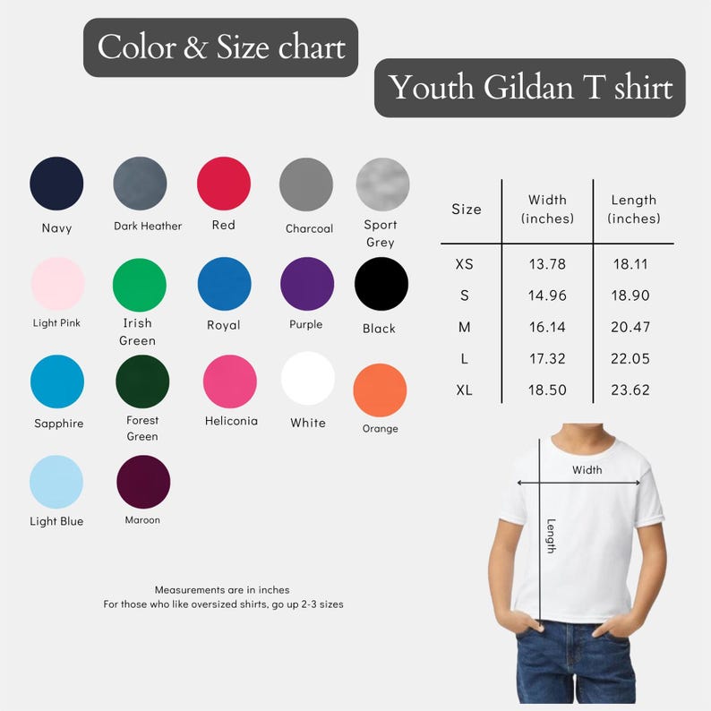 May include: A color and size chart for a Youth Gildan T-shirt, featuring a spectrum of colors like navy, red, and black. The chart includes measurements in inches for sizes XS to XL, with width ranging from 13.78 to 18.50 inches and length from 18.11 to 23.62 inches.